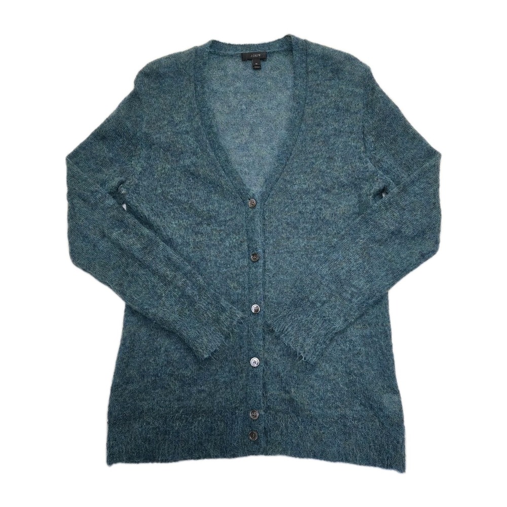J. Crew Women's M Cardigan Sweater‎ Kid Mohair Blend Teal V-Neck Fuzzy Textured
